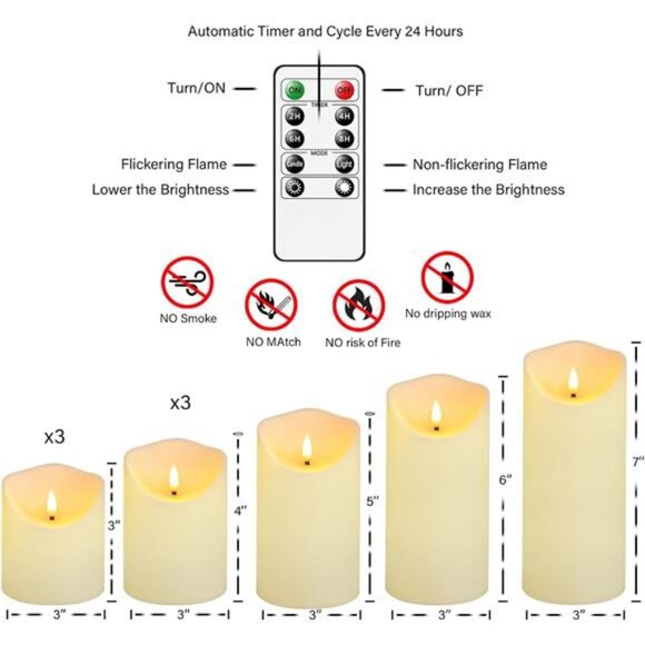 9pcs Flameless LED Candles with Remote - Realistic Ivory Plastic Home Decor - Picture 5 of 7